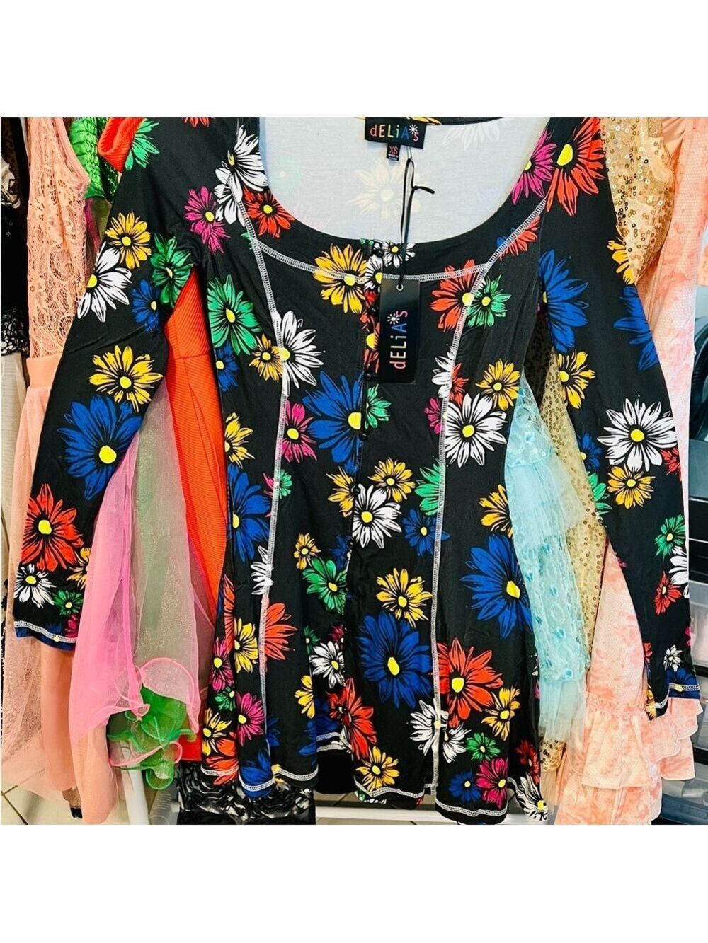 NWT XS Dolls Kill dELiA*s Botanic Bliss Mini Dress in Black Floral Long Sleeves
